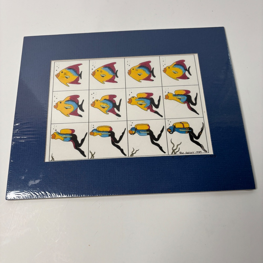 E Halsey Transformations Scuba Diver Fish Art Print 1989 VTG Matted 8x10 Signed